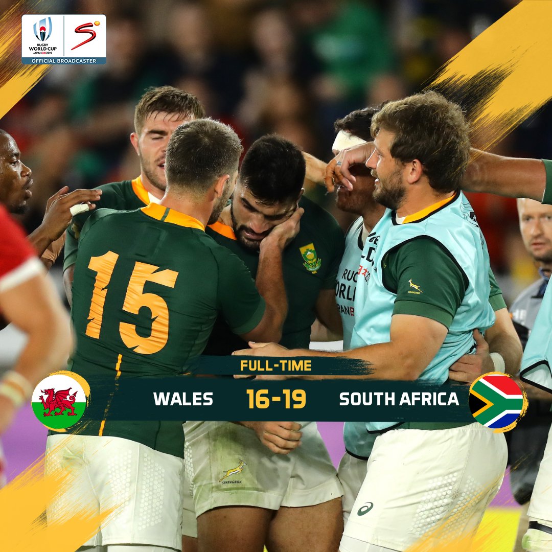 THE <a href="/Springboks/">Springboks</a> ARE IN THE #RWC2019 FINAL!!

An incredibly tense and physical battle comes to an end as South Africa beat Wales 19-16 to set up a meeting with England for the #WebbEllisCup 
#StrongerTogether #WALvRSA