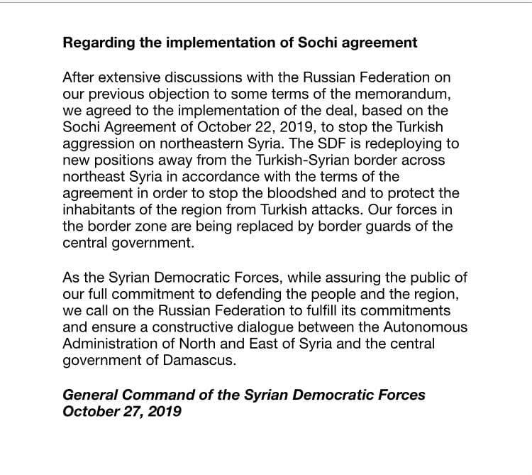 Rojname's tweet photo. Official Statement of #SDF: "Our forces will redeploy to areas away from Syrian-Turkish border in accordance with the memorandum of understanding btwn Ru-Tr in Sochi"
#Kurdistan #Kurds #SosRojava #ڕۆژئاڤا #Rojava #TwitterKurds #NoFlyZone4Rojava #BoycottTurkey https://t.co/bD3G8ubaPp