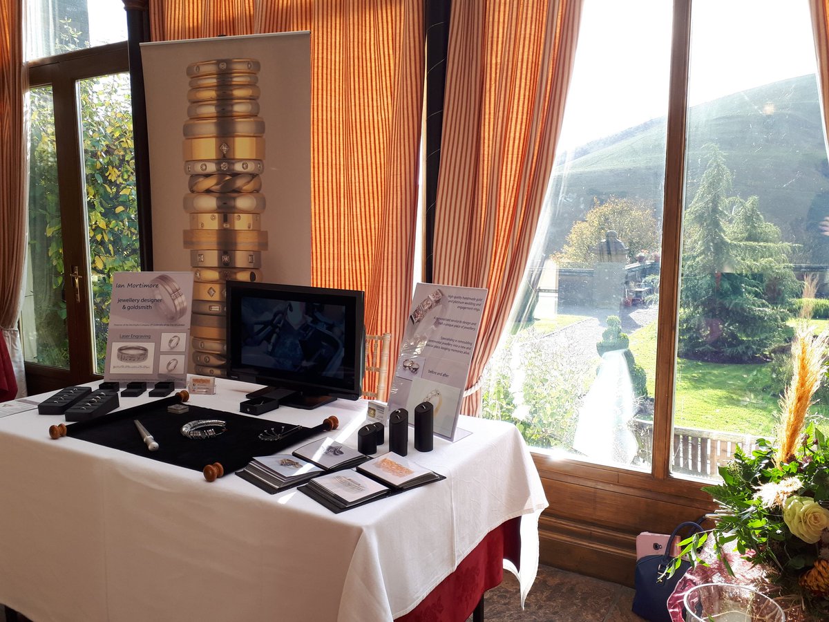 IanMJewellery's tweet photo. All set up and ready to go here at the sun soaked Cressbrook Hall. #wedding #weddingideas #weddingrings #weddingfayre #brideandgroom #cressbrook #derbyshire #peakdistrict #shesaidyes #Bakewell #madeinderbyshire #goldsmith #handmadejewellery https://t.co/fpcHcMmwBQ