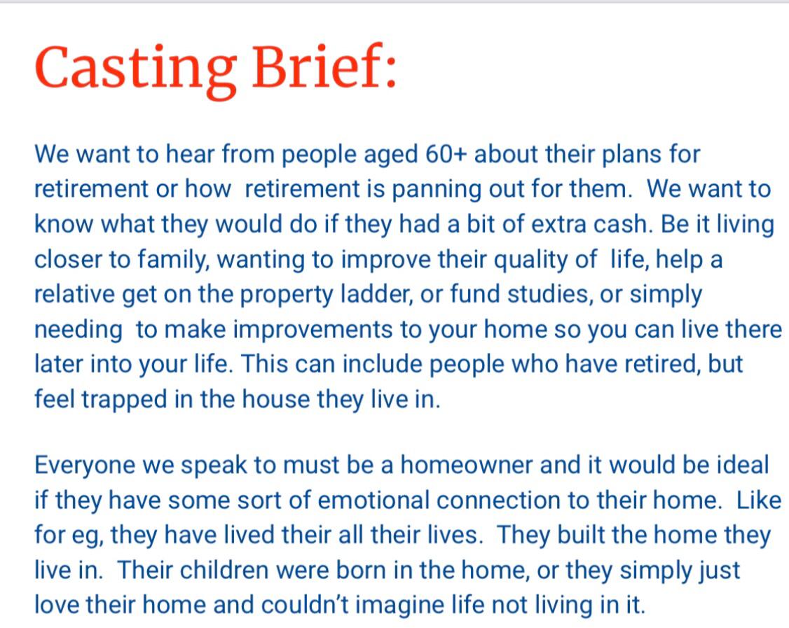 CASTING CALL -  PAID.  
Looking for over 60s home owners for a new TV program, please email me if you know anyone who would be interested? juliemartist77@gmail.com <a href="/Liverpool1Hour/">#LiverpoolHour</a> <a href="/EchoWhatsOn/">What's On Liverpool</a> <a href="/artinliverpool/">Art In Liverpool</a> <a href="/BBCNWT/">BBC North West</a>