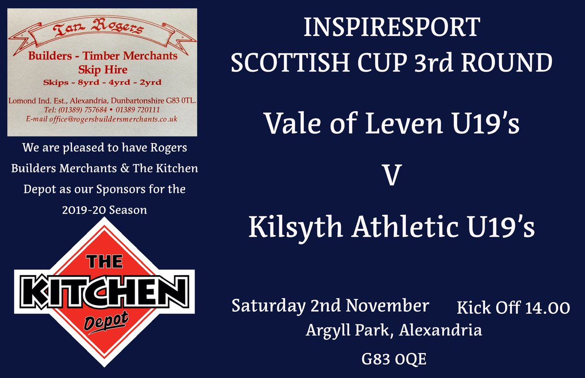 valeofleven19s's tweet photo. Scottish Cup 3rd Round next Saturday as we entertain @KilsythAth19s at Argyll Park. @inspiresport @thekitchendepot https://t.co/YKJPqveDvk