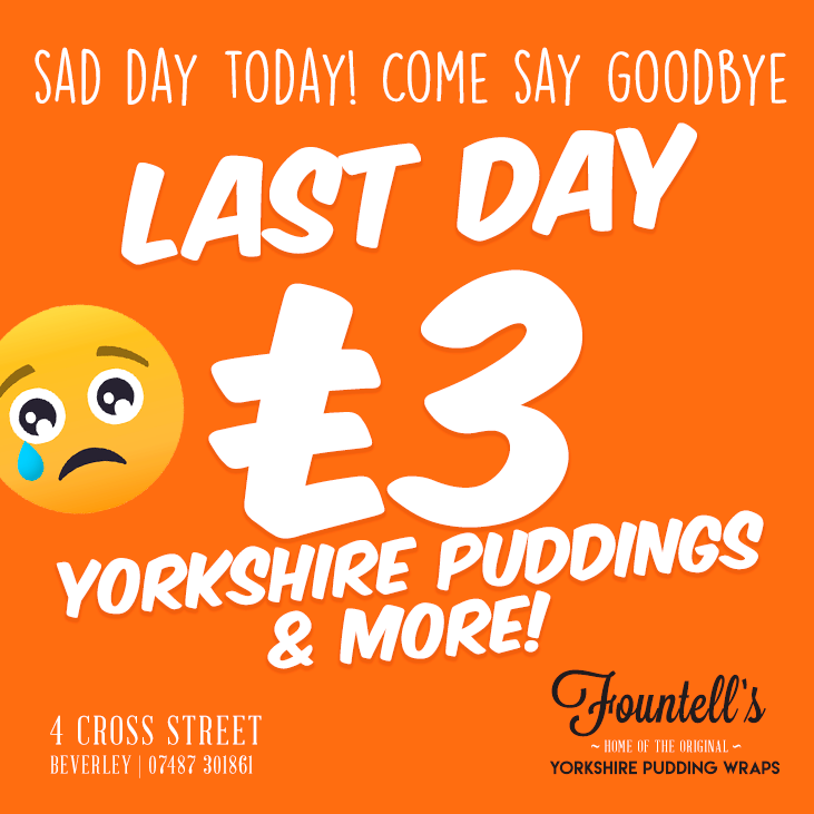It's our last day today and we are going to miss you all. There's still lots of great fillings &amp; #YorkshirePuddings choices for you to enjoy - grab whilst you can! Our #wraps are legendary and there's also our Giant Puddings! Dinner time treats all day!
