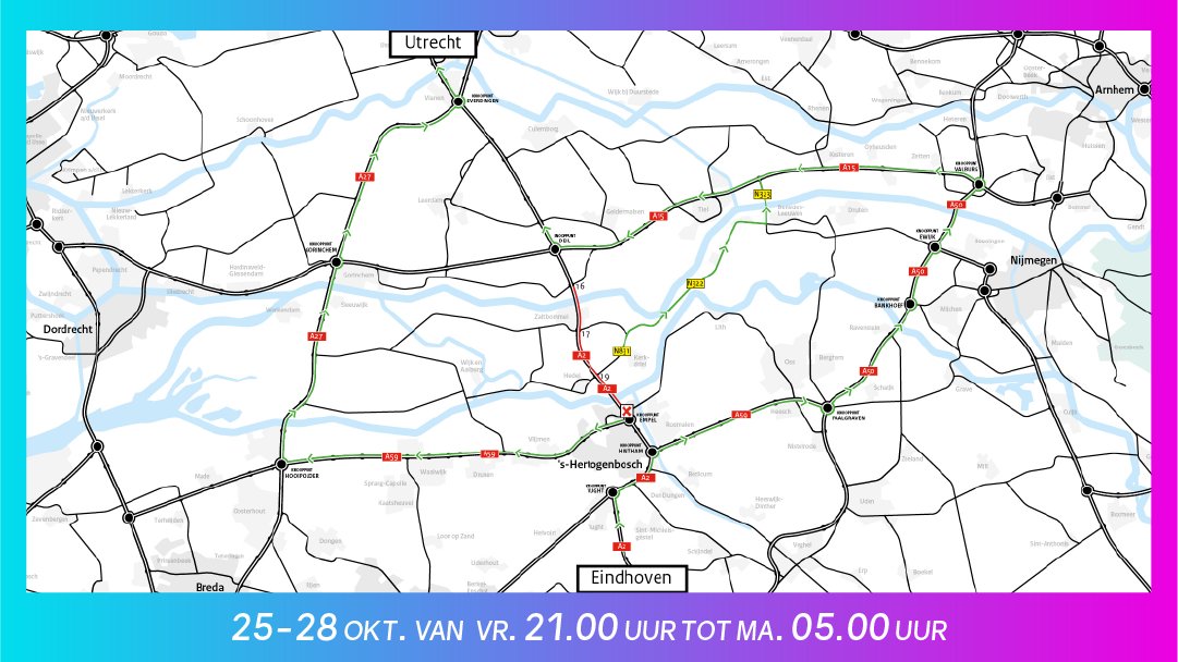 nl_stm's tweet photo. #AfsluitingA2; ❌Rijkswaterstaat voert onderhoud uit aan de A2. 🚧

De A2 van 's-Hertogenbosch richting Utrecht/Amsterdam is dit weekend 📆(25-28 oktober) afgesloten tot maandagochtend 05:00.

Houd rekening met  extra reistijd en onverwachte drukte.🚘

#SocialTrafficManagement https://t.co/hxcfNNBAsj