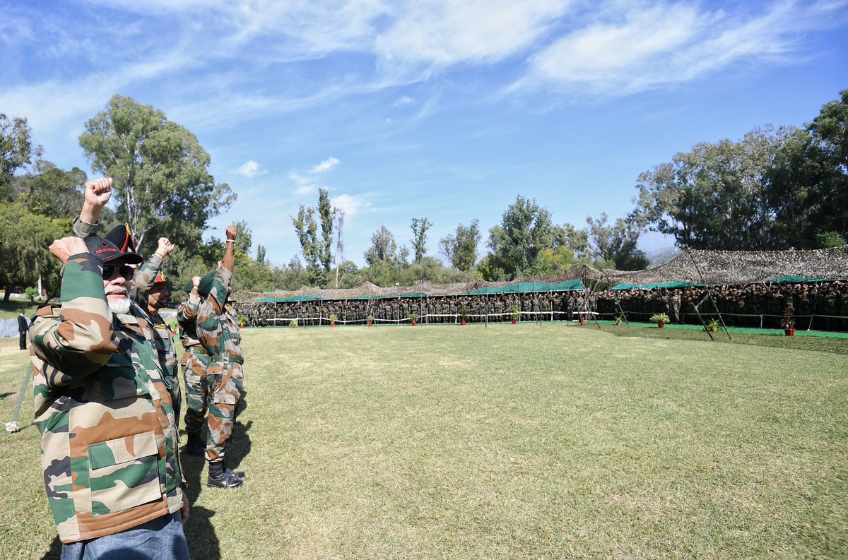 PMOIndia's tweet image. Like he has done during previous Diwalis, PM @narendramodi celebrated this festival with soldiers protecting India. 

He went to Rajouri in Jammu and Kashmir, where he interacted with soldiers and exchanged sweets. 

Here are some pictures. #Diwali