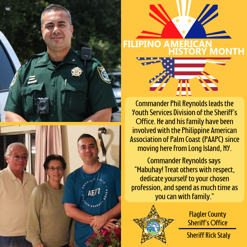 FlaglerSheriff's tweet photo. In recognition of Filipino American History Month, we introduce you to Commander Reynolds. He leads the Youth Services Division of the Sheriff's Office and always has a smile on his face! #FCSO #GetToKnowFCSO #FilipinoAmericanHistoryMonth https://t.co/coX824qjmt