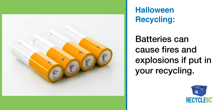 RecycleBC's tweet photo. Donโt put batteries in your #recycling. Find a drop-off location with @Call2RecycleCA: https://t.co/JuWdZRiaxt #RecycleBCHalloween #RecycleSafe #WasteReductionWeek ๐ โป๏ธ https://t.co/U1eB5mVPSR