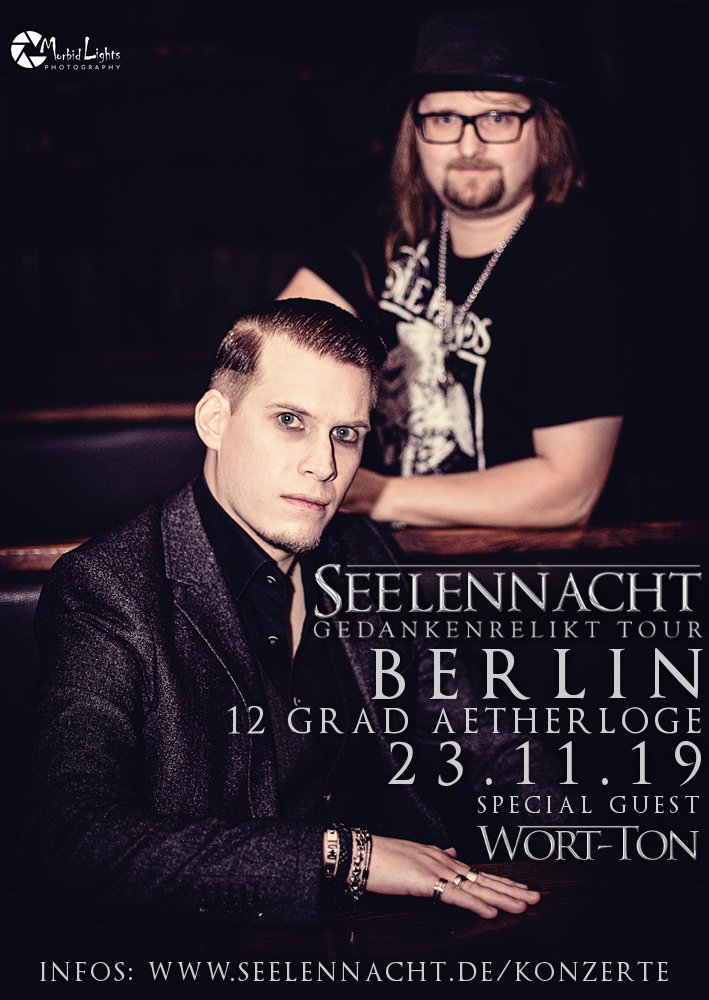 BERLIN, es gibt ein Wiedersehen!
Am Sa 23.11.19 spielen wir in der charmanten 12 Grad Aetherloge! Special Guest: Wort-Ton. Einlass 19.30 Uhr.  

Tickets können durch Anfrage per Mail an seelennacht.music@gmail.com bestellt werden. 

Weitere Infos: seelennacht.de/konzerte
