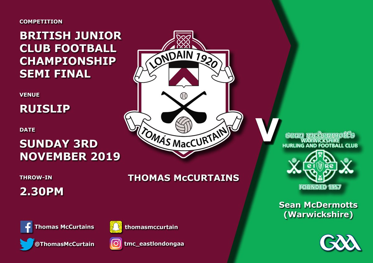 ThomasMcCurtain's tweet image. Our Footballers are out next Sunday in Ruislip against @SeanMcDermotts1 in the @BPCGAA Football Championship Semi Final
It's a huge game as the Footballers look to reach the Final for the first time since 2007
All support needed to turn Ruislip maroon and white
#McCurtainsabú 🇶🇦