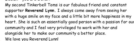 This week, Revd Lynn received a ‘Tinkerbell Toms’ award, given by Mrs Toms, headteacher of Thorpe Hesley Primary in recognition of her work with the school. Lynn was presented with the award at the Vicarage by William, a pupil from the school and a church member.<a href="/ThorpeHesleyPri/">ThorpeHesleyPrimary</a>