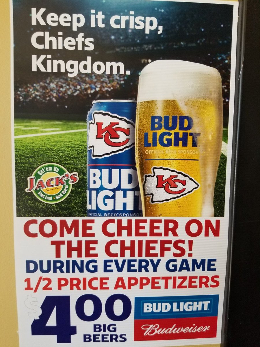 SetEmUpJacks's tweet image. Chiefs!! Tonight on the BIG SCREEN! 1/2 Price Apps, $4 Big Buds. Register to win a Bud Light Cornhole set! Go Chiefs!