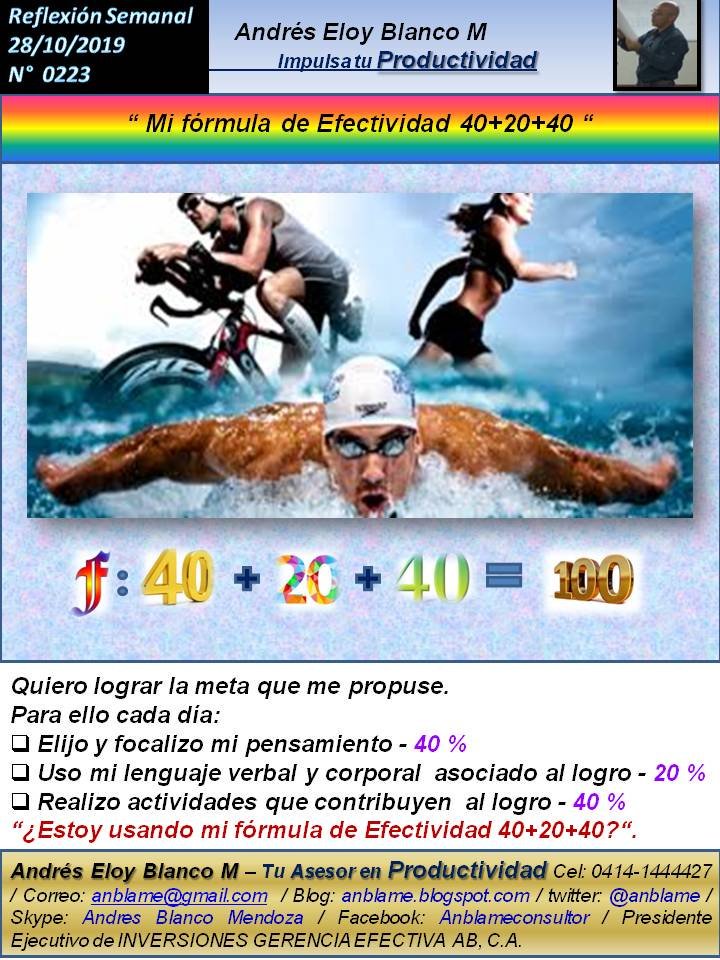 anblame's tweet photo. Comparto mi Reflexión Semanal que inicia el 28.10.2019Quiero lograr la meta que me propuse. 
Para ello cada día:
 Elijo y focalizo mi pensamiento - 40 %
 Uso mi lenguaje verbal y corporal  asociado al logro - 20 %
 Realizo actividades que contribuyen  al logro - 40 % https://t.co/jBdAr5W0vI