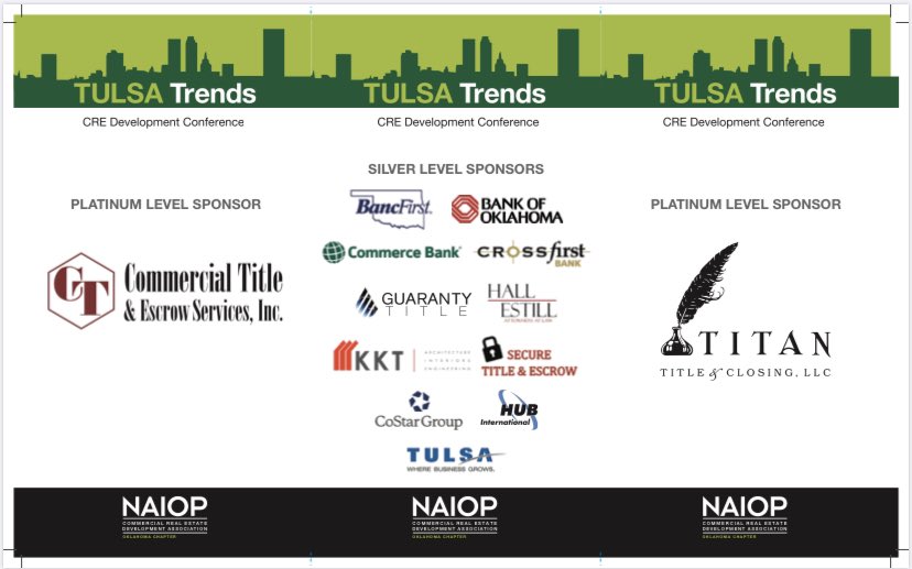 It's time to Register NOW for NAIOP Oklahoma Chapter TULSA TRENDS - Tulsa's Leading Commercial Real Estate Conference! 
#TulsaTrends19 
tulsatrends2019.eventbrite.com
TULSA TRENDS is coming up quick, be sure to get your tickets today!