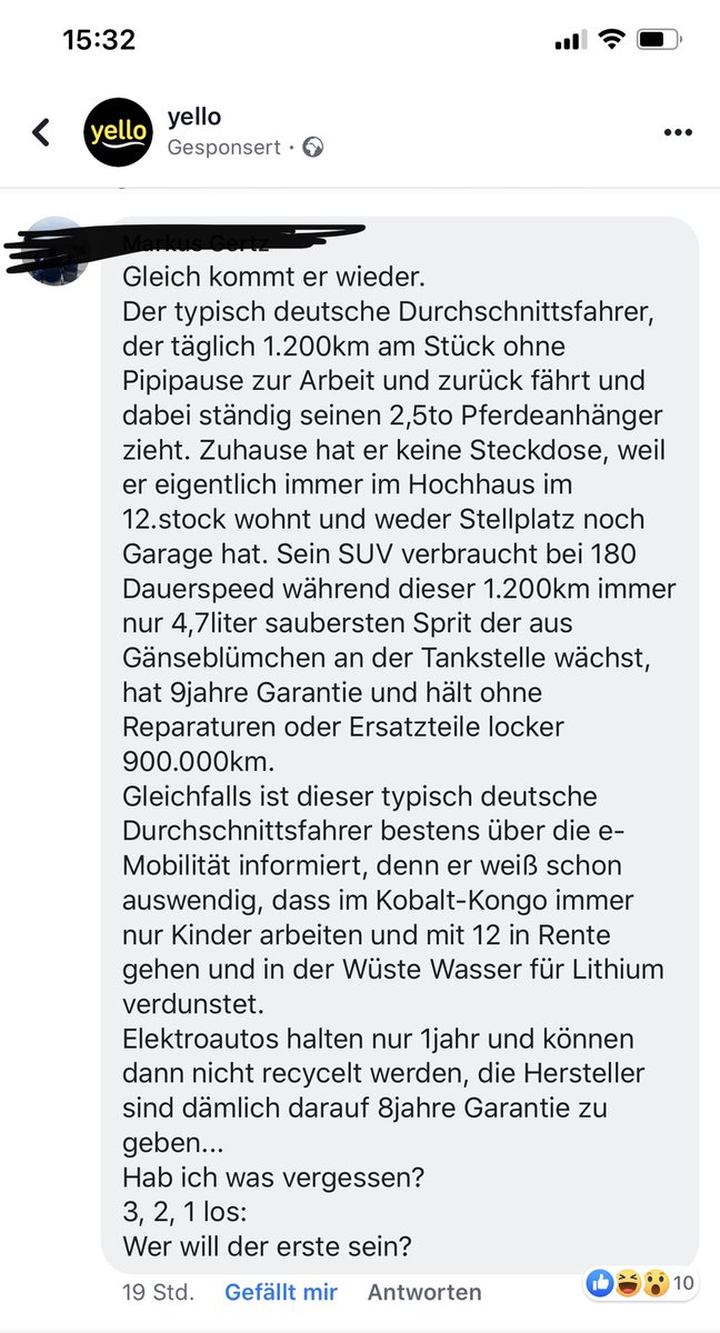 Einer der besten Kommentare zur #Elektromobilität, den ich bei Facebook je gelesen habe 😂😂😂