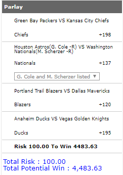 DaveMasonBOL's tweet image. Each of the 4 major professional sports in play today.

If this #SportsEquinox dog parlay hits, the winnings ($4,483) will be split with everyone who:

1. Has a BetOnline.ag account
2. Follows my Twitter account
3. Retweets this