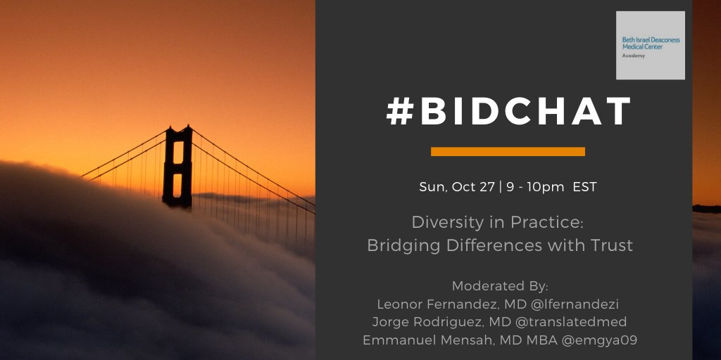 ...1 hr away! #BIDChat from 9-10pm EST! Our topic is Diversity in Practice: Bridging Differences with Trust - moderated by @lfernandezi @translatedmed @emgya09 - Please share! #DiversityandInclusion #Diversity