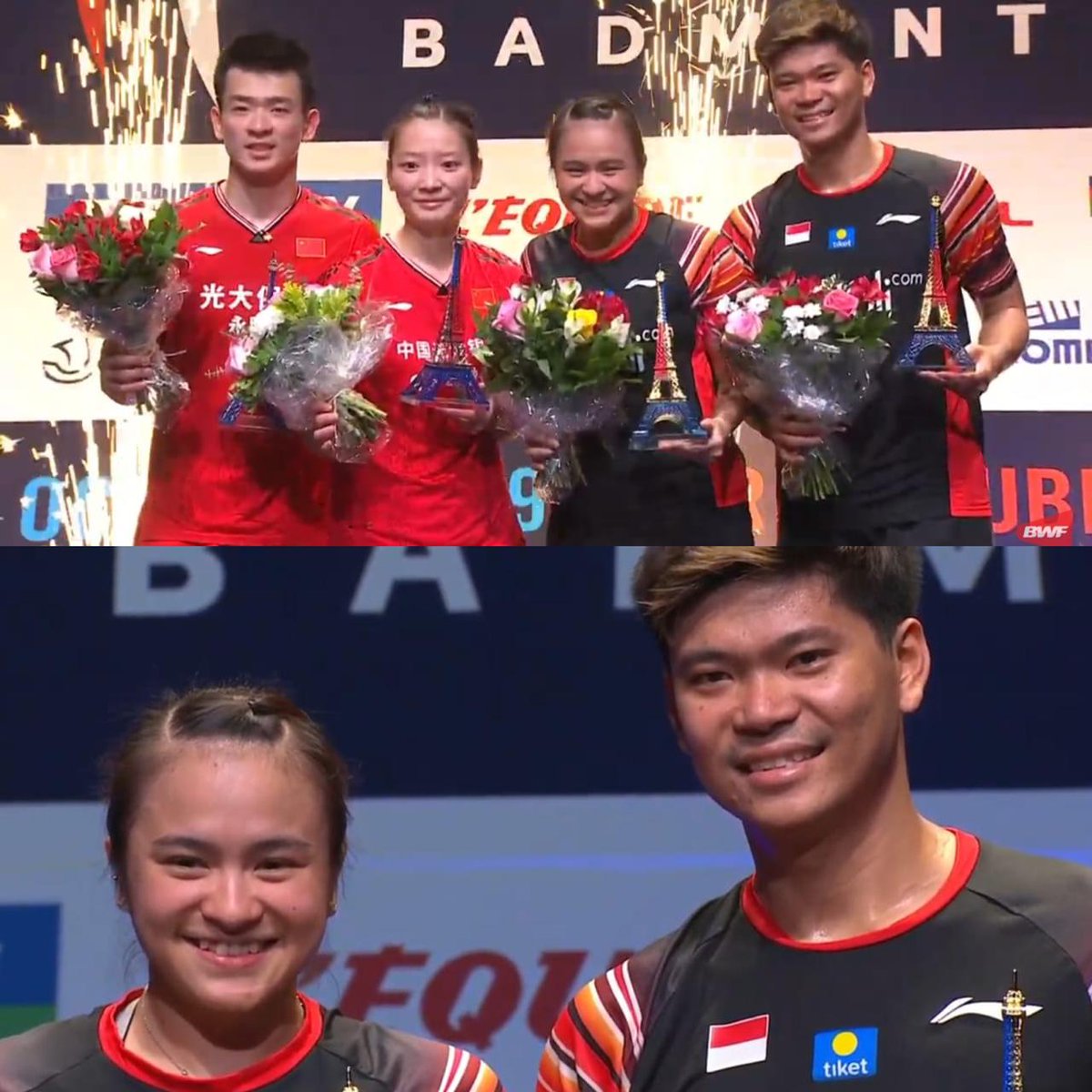 BadmintonTalk's tweet photo. Mixed Doubles Podium

Congratulations to Jordan/Oktavianti!!!

TWO TITLES IN TWO WEEKS!
Denmark Open 2019
French Open 2019

Beat Zheng/Huang TWO TIMES IN A ROW!

WHAT A PERFORMANCE!

#FrenchOpenSuper750 https://t.co/k0jhUFXHXG