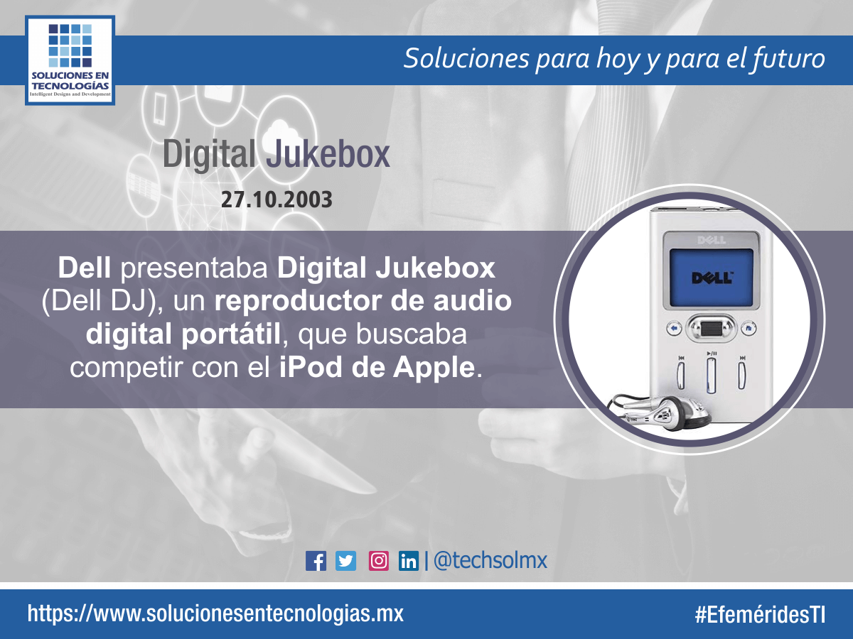 techsolmx's tweet photo. Un día como hoy (27/10/2003): Dell presentaba Digital Jukebox (Dell DJ), un reproductor de audio digital portátil, que buscaba competir con el iPod de Apple. https://t.co/0CrC3wF3xY
#EfeméridesTI #Dell #DigitalJukebox #DellDJ #Reproductor #AudioDigital #Tecnologías #Tecnología https://t.co/GFlZEpLmxZ