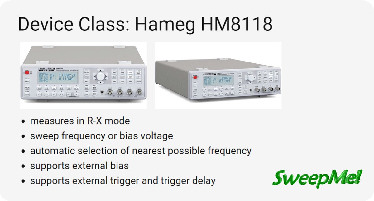 sweep_me_net's tweet photo. Together with one of our customers, we created a Device Class for a #Hameg #HM8118 #LCRmeter from @RohdeSchwarz. Now, it can be used by all other users as well. What about implementing your #equipment? Do it yourself or let us assist you.
https://t.co/RzQJNRnJqE https://t.co/EA8XmIyebL