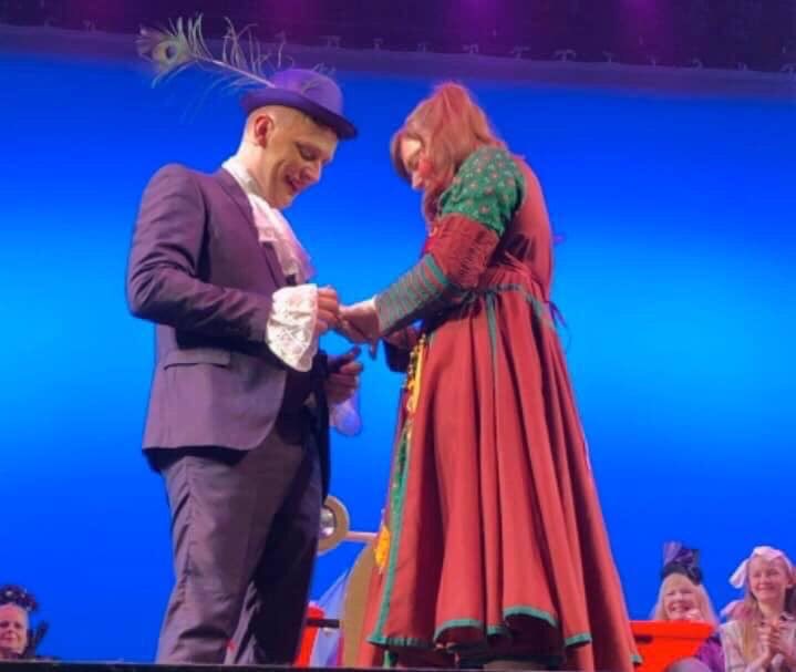 NewtownMTC's tweet photo. the matinee show was made extra special by this on-stage proposal! 🥰 congratulations Amber & Craig. We couldn’t be happier for you both! ❤️ #NMTCchitty https://t.co/Qh0DPo1QO3