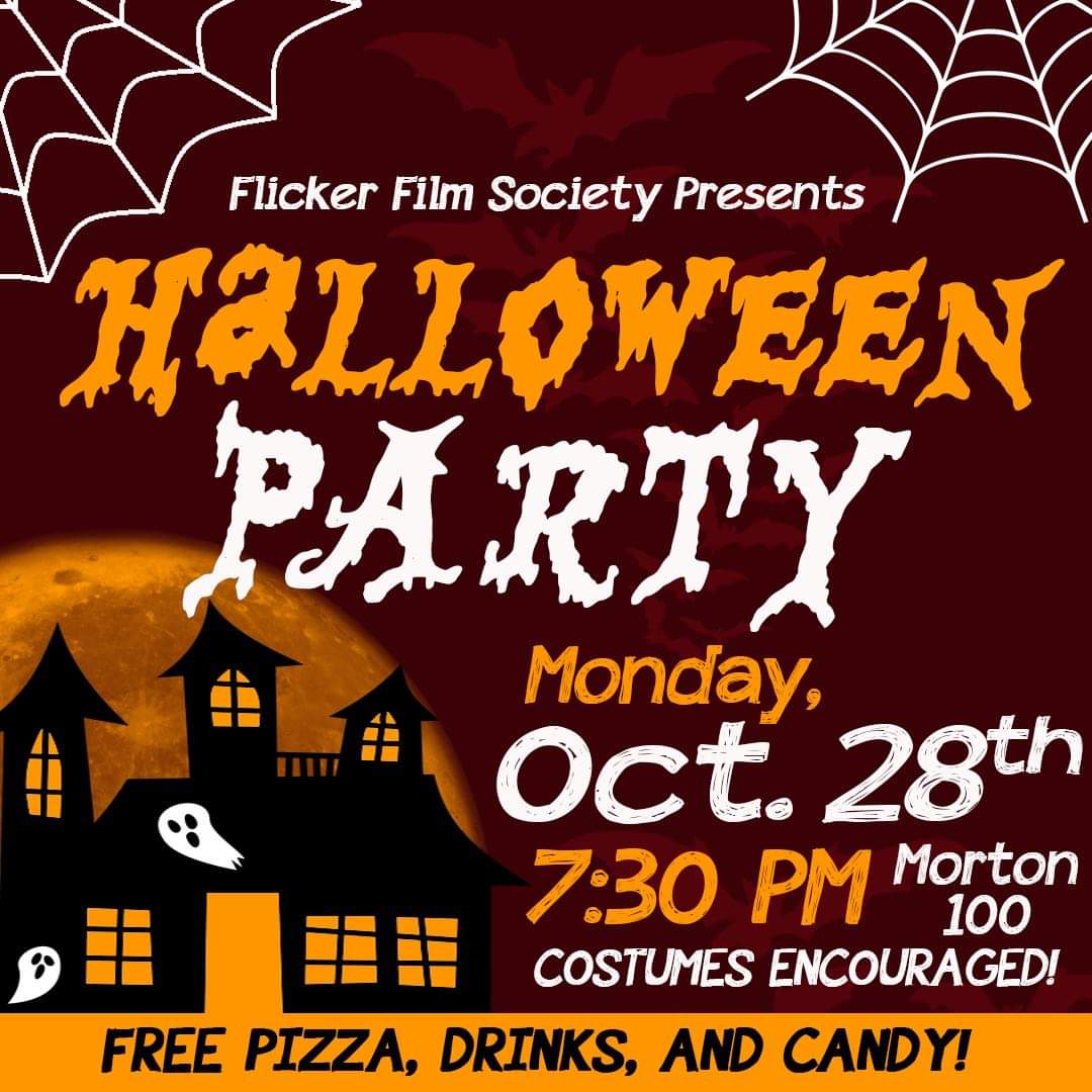 FlickerUNCW's tweet photo. TOMMOROW NIGHT is our ANNUAL HALLOWEEN PARTY! Time to GET SPOOKY and join Flicker while watching short horror flicks, enjoy free pizza and candy, and have a chance to win a prize pack for best costume!! We have an exciting night planned, so we can't wait to see you there! 🎃🎥 https://t.co/92lw6EDCVC