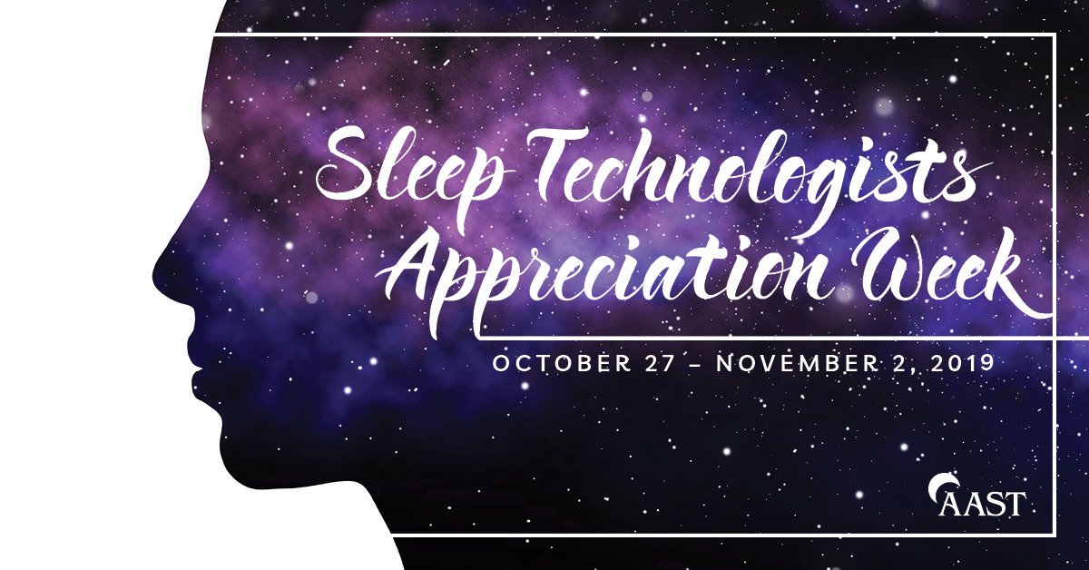 AASTSleep's tweet photo. Happy Sleep Technologist Appreciation Week! Celebrate STAW with us all week long on social media by using #STAW2019. Be sure keep an eye out for AAST flash sales and promos! https://t.co/BlEQfc7iIP