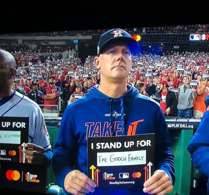 buckalewbears's tweet photo. AJ Hinch honors The Gooch Family during game 4 of the World Series! #clutchcam #TakeItBack  @ajhinch 🧡💙🧡💙🧡 https://t.co/ul90I1Ma7C