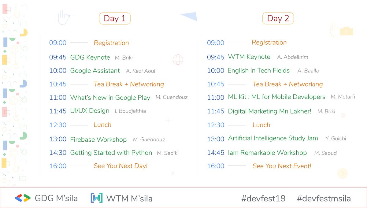 GDGMsila's tweet photo. It's time to share our full agenda for the BIG event  that you don't wanna miss! awesome workshops and conferences are waiting for you 😁!
Looking forward to meet you all 👌
#devfest19 #devfestmsila #gdgmsila #wtm_msila https://t.co/4iSURZ7Da3