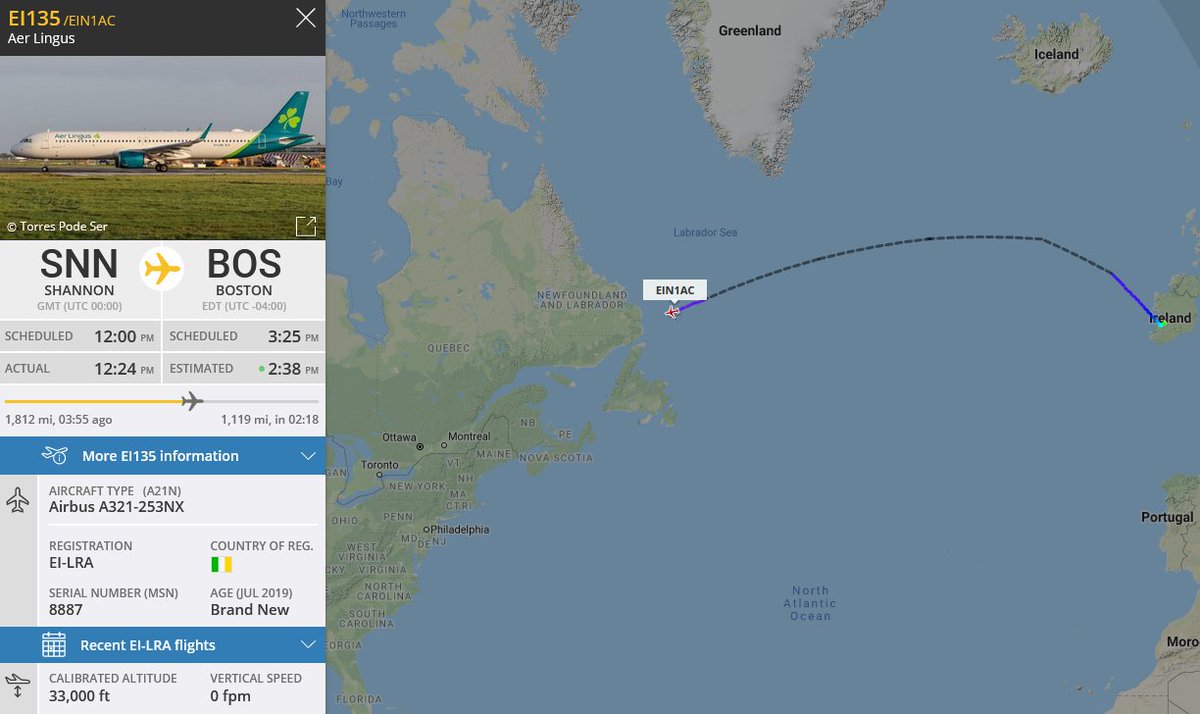 Michaelkelly707's tweet photo. The first #AerLingus TransAtlantic flight from @ShannonAirport operated by the new Airbus A321neo is underway and will arrive @BostonLogan at approx 235PM local time #EI135 #avgeek https://t.co/ndUBAfOJgB
