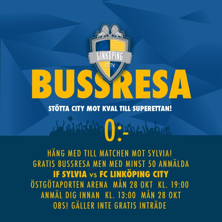 FCLinkopingC's tweet image. Häng med och stötta City mot kvalplatsen till Superettan! 
Anmälan skickas till Mikael.larsson@fclinkopingcity.se
Avfärd 17:30 från Linköping Arena vid grusparkeringen.

#ViÄrCity #linköping