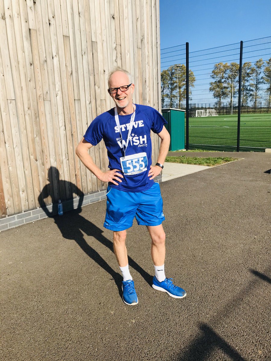 DrSteveDunn's tweet photo. First Marathon today. Part of the St Eds’ running festival. Ran 26.2 miles in 4hr 2 mins and 15 secs. Disappointed  that I didn’t quite get under 4 hrs. Got lost. Cramped at end. But lots more miles to do before I do the London Marathon for @MyWishCharity https://t.co/dCQ9yTLdn9 https://t.co/Mk4p7hWYZb