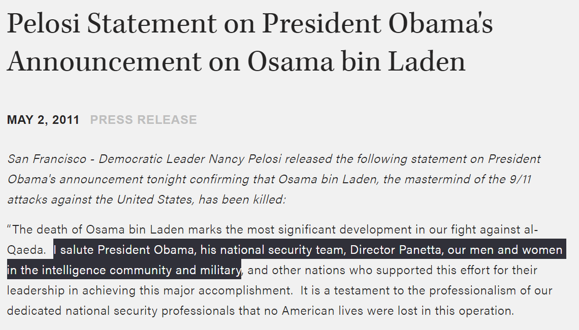 MattWolking's tweet photo. Nancy Pelosi statement on ISIS leader al-Baghdadi: 
"Americans salute the heroism, dedication &amp; skill of our military &amp; our intelligence professionals"

Pelosi on bin Laden: 
"I salute President Obama, his national security team ... [&amp; our] intelligence community &amp; military" https://t.co/1sFrhMMjtR