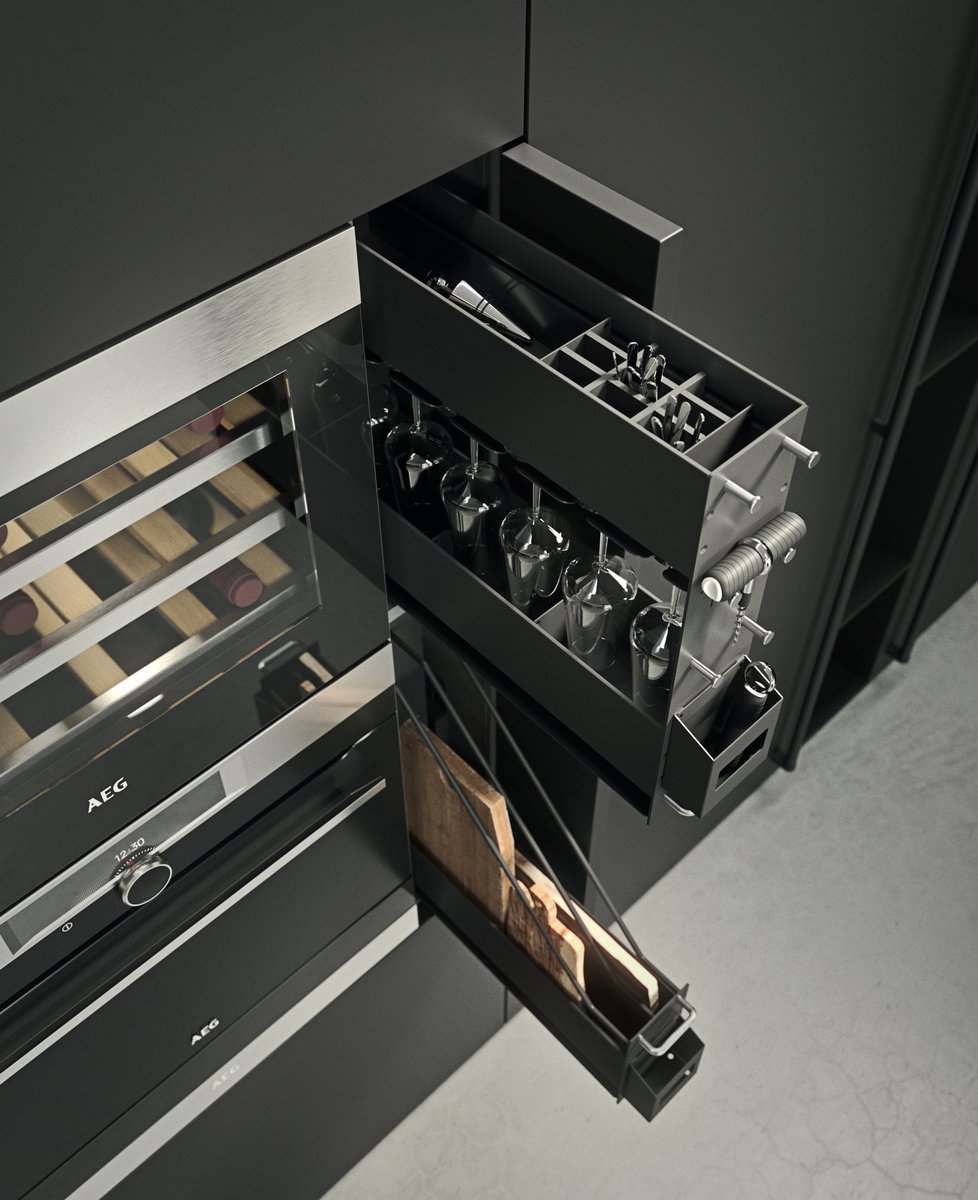 belvisfurniture's tweet image. When we design a kitchen we like to maximise every single space. Here next to the wine cooler we have added space for wine accessories and glasses! We don’t waste space 😉 #interiordesign #kitchendesign #practicalkitchen #madeinitaly #luxurykitchendesign #winefridge