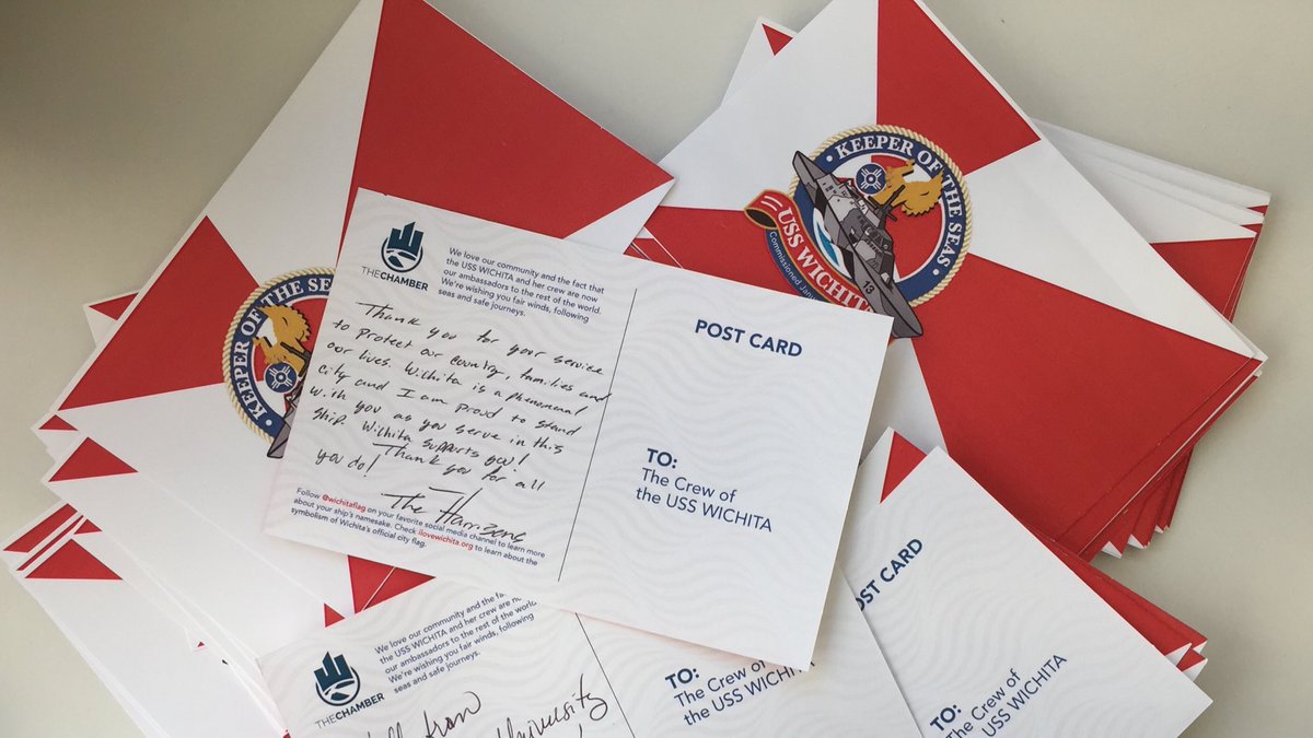 ChamberWichita's tweet photo. Happy #USNavyDay to the crew of the USS Wichita LCS 13. And a big thank you to all of our Chamber members who signed postcards of appreciation that were mailed to the crew to celebrate this special day.⚓️ 🇺🇸 #navylife #ilovewichita #wichitaflag #usswichita https://t.co/mlGJQaPRJx