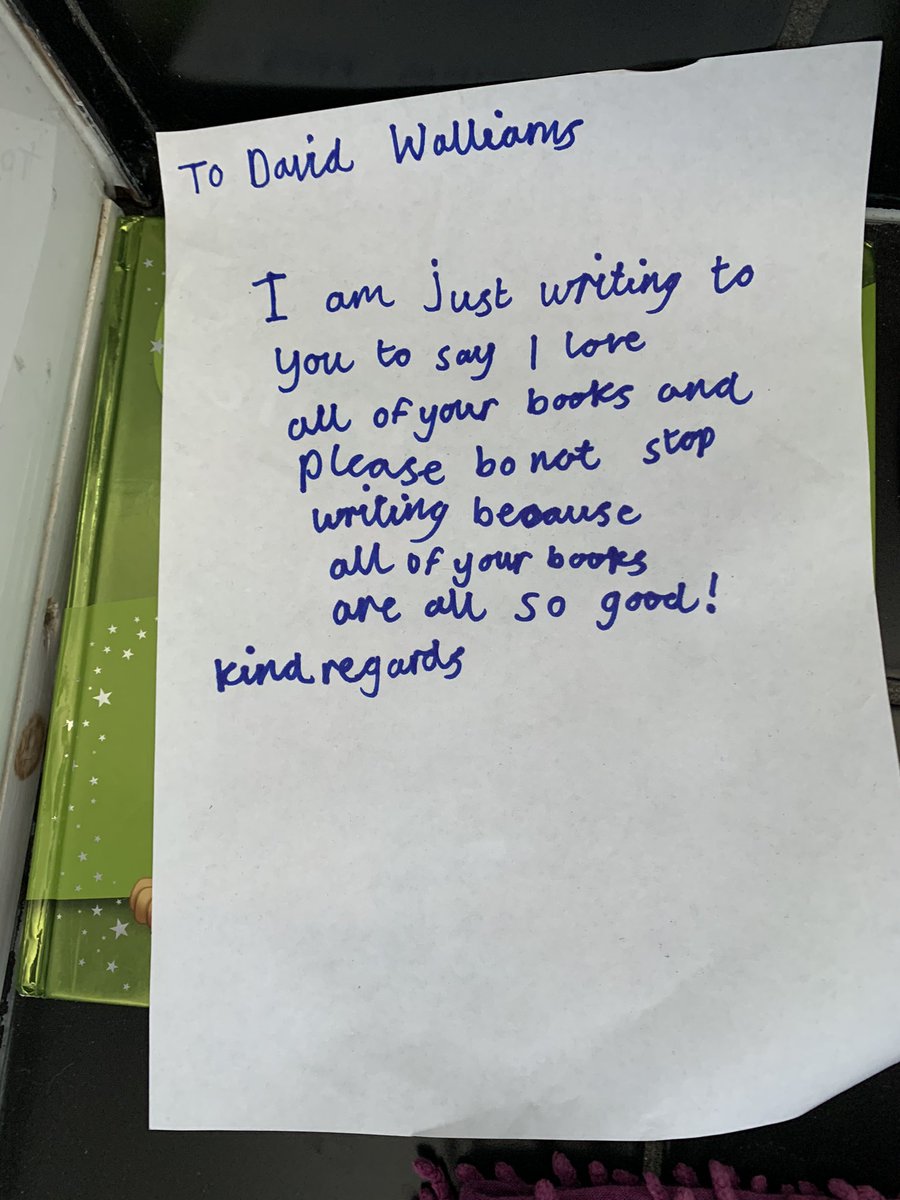 SammieBartram_'s tweet image. Flattering letter written by my eight year old nephew to @davidwalliams 
..Written on the toilet but I’m sure the sentiment still stands 😂