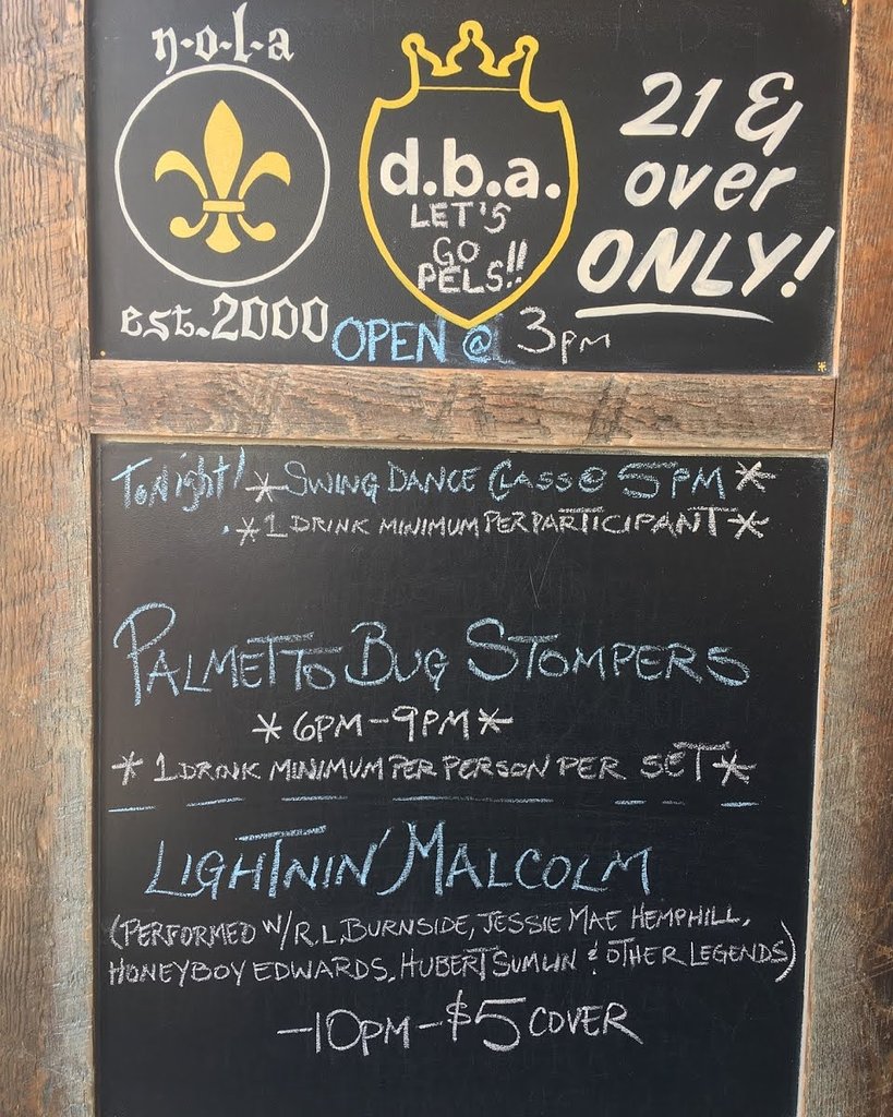 dbaneworleans's tweet photo. Tonight @dbaneworleans ! Swing Dance Lessons at 5pm,  Palmetto Bug Stompers at 6pm and later Lightnin' Malcolm at 10pm #nola #lightninmalcolm
#neworleanslivemusic  #palmettobugstompers 
#dbaneworleans #whodat #frenchmenstreet 🎼🎶🎶🎵🎸🥁🎶🎵👍 @lightninmalcolm 
#WhoDatNation https://t.co/YCxlgxOjJQ