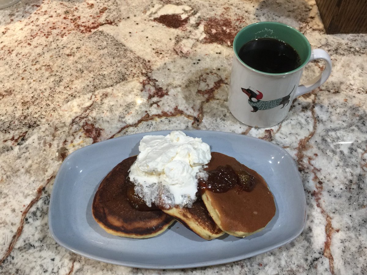 Sourdough starter pancakes, homemade apple caramel compote, and fresh whipped cream.  Nice start to our Sunday.