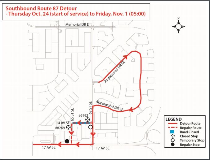 calgarytransit's tweet photo. Beginning Thursday, October 24 at start of service and continuing to start of service on Friday, November 1, 14 Avenue between 65 Street and 68 Street S.E. will be closed to accommodate water main work. Details are in the link! https://t.co/bNr2AzCcPG
#CTRiders #Route87 https://t.co/Z89qo8q2l2