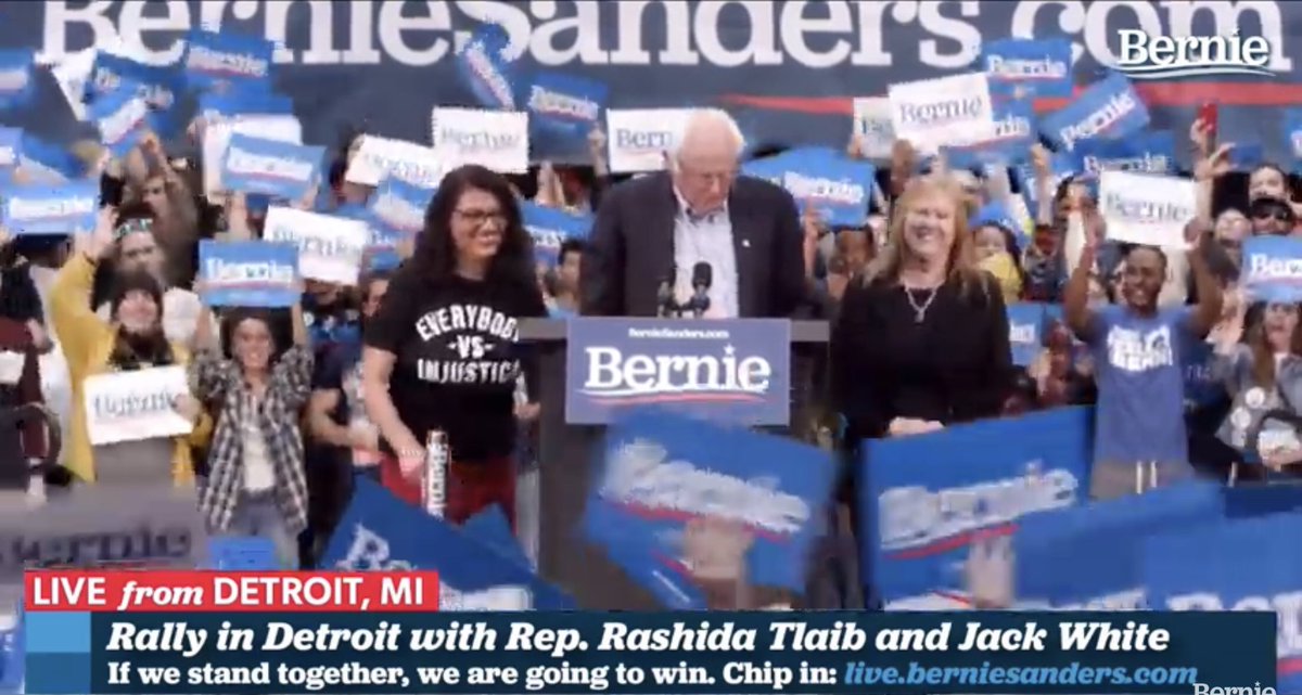 jesseintl's tweet photo. It’s true we progressives are #PolicyOverIdentity But, there is something beautiful about the 1st Palestinian-American woman to serve in Congress endorsing the 1st Jewish America that will be our next President. #NotMeUs #Bernie2020 #BernieInDetroit @RashidaTlaib @BernieSanders https://t.co/e2zmRcA27H