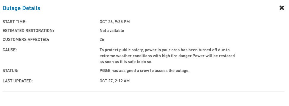 How this for environmental sustainability?Electricity is out for much of Nor. Calif.PG&E won't even say when electricity will be turned back on for my neighborhoodMy neighbor is running a loud, polluting diesel generatorI commuted to the office & emitted carbon doing so