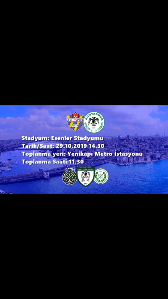 Konyaspor'umuz - Eyüpspor

Gün  : 29.10.2019 Salı (Cumhuriyet Bayramı)

Saat  : 11:30

Yer    : Yenikapı Metro Çıkışı

Tüm hemşehrilerimizi bekliyor olacağız. Hep beraber Esenler maçına intikal edilecektir. #konyaspor
#TüekiyeKupası
#KonyasporGeliyorBak
#Sizeİnanıyoruz