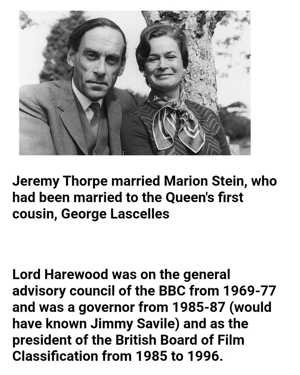 Lascelle's (Earl of Harwood) first wife was Marion Stein, daughter of Benjamin Britten's publisher, who later married the paedophile Jeremy Thorpe. Britten was godfather to Lascelle's son.Small world, innit?  https://twitter.com/ciabaudo/status/989896801225502721?s=19