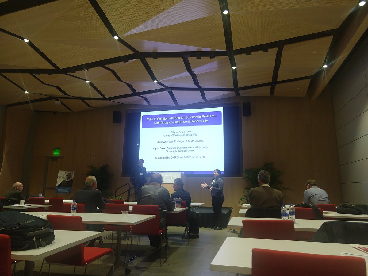 rahmaniani_r's tweet image. Prof. Lejeune on decision dependent uncertainty and a remark on Egon Balas&apos;s tennis skills.