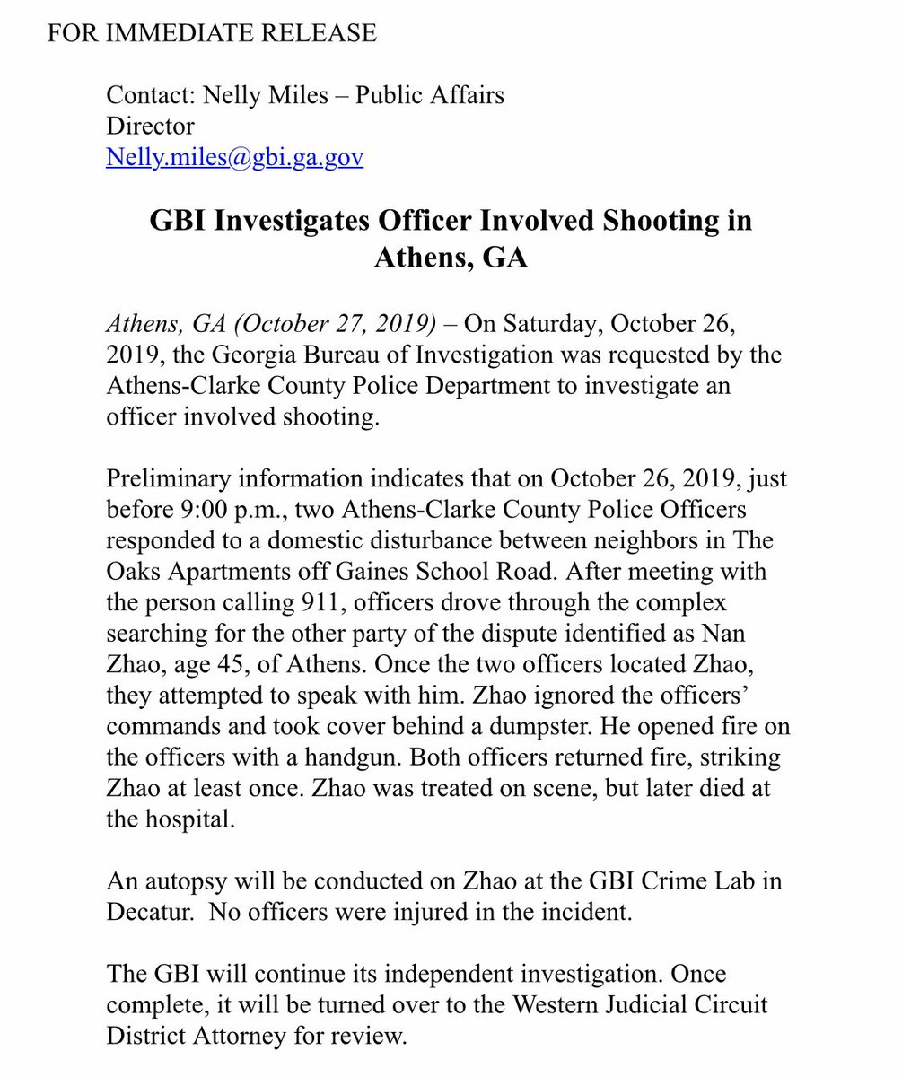 Media Advisory: Officer Involved Shooting Investigation in Athens, GA. One subject is deceased. No officers were injured. 

gbi.georgia.gov/press-releases…