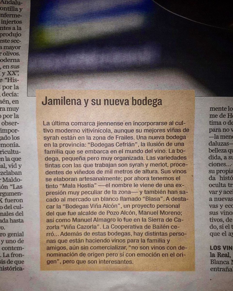 bodegascefrian's tweet photo. Hoy día 27 en el diario Jaén, ya se reconoce a Jamilena nuestra bodega y nuestros vinos junto con todos los de Jaén, nuestro Mala💀stia y nuestro pueblo ya suenan por todo el mundo, orgullos@s por ello, nuestra ilusión y nuestra tierra nos lleva hacia adelante. 

#bodegascefrian https://t.co/BEs3aeJyDm