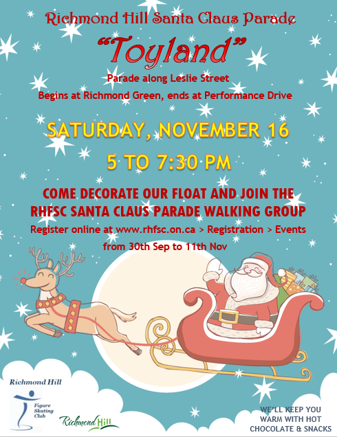 RHFSC's tweet image. HO! HO! HO! Santa lovers, join our walking group for Richmond Hill Santa Claus Parade, on Saturday, Nov 16 5 to 7 pm. We will be participating with a float this year and there will be plenty of hot chocolate to keep you warm! Event registration opens until November 11.