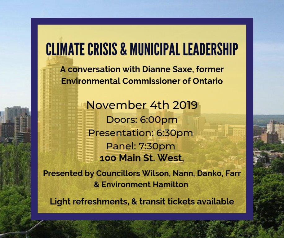 ward1wilson's tweet photo. How do cities lead on climate change?  Nov-4-19 Hear best practices &amp; possible solutions 4 #hamont w Dianne Saxe former ON ENV Commissioner Followed by panel w @envirolaw1 Councillors Wiʪon-Nan-Danko-Far-City Mgr,@JSmithHam1 &amp; @envHamilton  FREE tickets @ https://t.co/xYae7xfB86 https://t.co/zaMylEPIa2