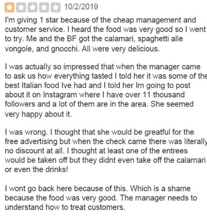 RayRedacted's tweet photo. Peak 2019, in one restaurant review. https://t.co/QaC1m4k8uF