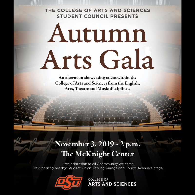 OkstateCAS's tweet photo. Only one week until the Autumn Arts Gala! Come see the McKnight Center and enjoy a free afternoon of performances by CAS students! 
#CAScowboys #CASweek https://t.co/t5JFZYjP0U