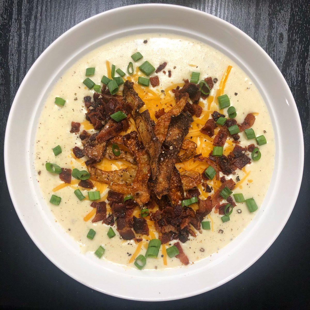 Cold, rainy day in the northeast calls for a hearty soup, football and bed by about 7pm #soup #loadedpotato #football #patriots #choppertestkitchen