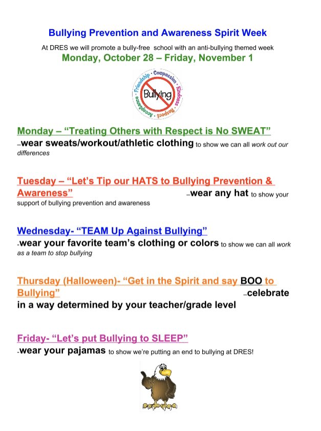 We’re kicking off Bullying Prevention and Awareness Spirit week tomorrow. Show your support tomorrow and wear sweats/workout or athletic clothing for “Treating Others with Respect is No SWEAT.” <a href="/DurantEagles/">Durant Elementary</a>
